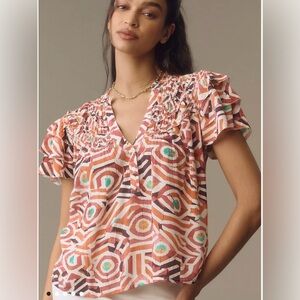 EUC Maeve short sleeve ruffle yoke blouse. Geometric Print V-Neck Top